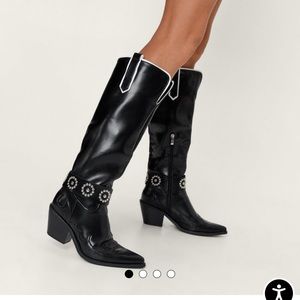 Faux leather stud strap western boots BLACK6